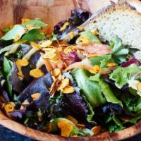 Garden Salad · organic mixed greens, organic tomato, spiced almonds and balsamic vinaigrette.