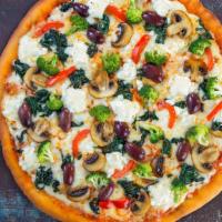 Very Veggie Pizza · Fresh mozzarella curd, cherry tomatoes, mushrooms, arugula, garlic olive oil.
