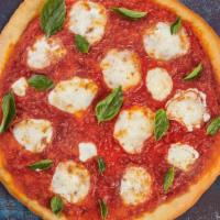 Margherita Mood Pizza  · Fresh Mozzarella curd, tomato sauce, basil, garlic olive oil.