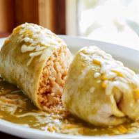 Baja Burrito · Sautéed prawns, fish and scallops. Tomatillo salsa, melted cheese and Spanish rice, beans.