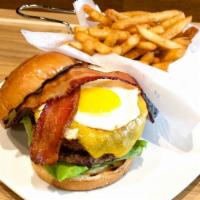 Parkside Burger · Certified Black Angus Patty, Bacon, Korean BBQ Aioli, American Cheese, Top with Fried Egg, L...