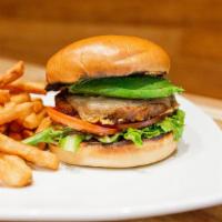 Garden Burger · Grilled Black-Bea Patty, Korean BBQ Aioli, Tomato, Red Onion, Lettuce comes with Side Fries/...