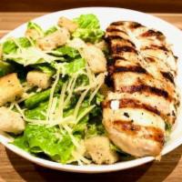 Garlicky Chicken Cesar · Grilled Chicken Breast, Fresh Romaine, Garlic, Croutons, Parmesan and Anchovies