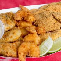 Seafood Combo & Chips · Fish, shrimp and oyster fried. Served with french fries.