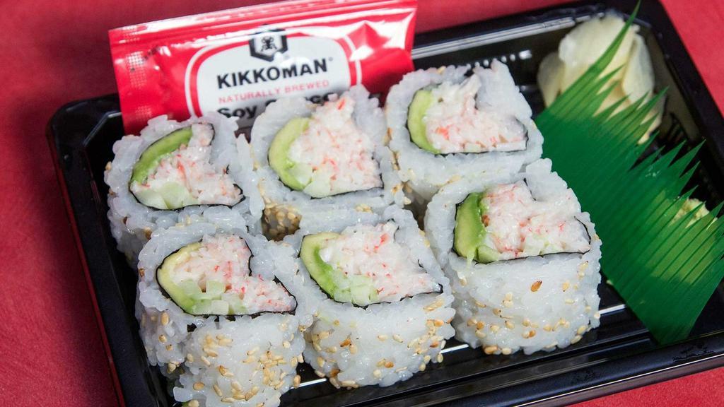 105. California Roll · Imitation crab meat, avocado and cucumber. Six pieces.