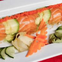 204. Tiger Roll · Tempura shrimp and cucumber topped with salmon, avocado and fish roe.