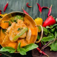 Red Curry · *Spicy. Red coconut milk curry with butternut squash, broccoli, bell peppers, and basil.