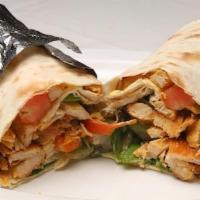 Chicken Shawarma Wrap · The chicken shawarma wrap includes chicken shawarma with tomato, cucumber, hummus, tahini, a...