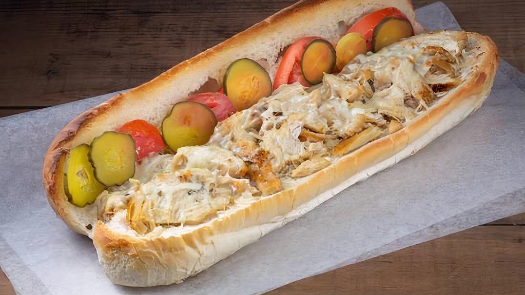 Tony's Special Sandwich · The Tony's special includes Chicken shawarma, mayonnaise, tomato slices, and cucumber pickles all stuffed in a French baguette bread.