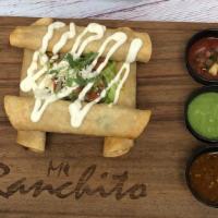 Taquitos. · Crispy corn tortillas rolled with choice of meat, sour cream, guacamole and pico de gallo.
S...