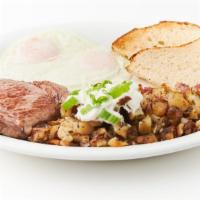 Steak & Eggs · 6oz. marinated center cut sirloin cooked to your liking and served with two eggs choice of s...