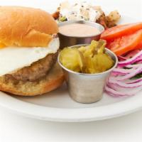 Breakfast Burger · Homemade 1/3 lb burger patty (ground bacon, breakfast sausage, and ground beef), with chedda...