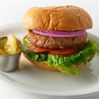 Beyond Burger · Vegetarian  beyond burger patty with lettuce, tomato, and red onion on grilled challah roll ...