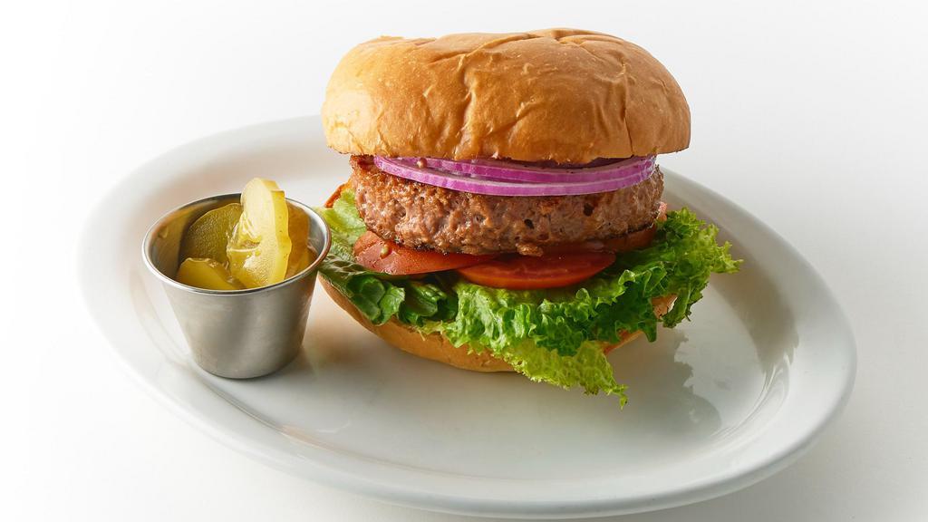 Beyond Burger · Vegetarian  beyond burger patty with lettuce, tomato, and red onion on grilled challah roll with coleslaw or small order of home fries