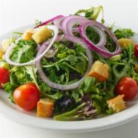 Mixed Green Salad · Organic salad greens and wild arugula with  Homemade croutons, with choice of dressing