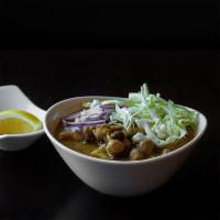 Samosa Soup · Samosa and falafel with potatoes, chickpeas, mint, cabbage, jalapeños, red onions, bay leave...