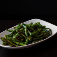 Burma String Beans · Stir-fried string beans with garlic, ginger, soy sauce and sambal chili sauce.