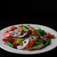 Mixed Vegetable & Garlic · Lotus root, celery, snap peas, red bell peppers, carrots, and garlic white wine sauce.