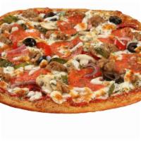 Farmer's Market - Red · Tangy Red Sauce, Mozzarella Cheese, Mushroms, Black Olives, Roasted Peppers & Onions