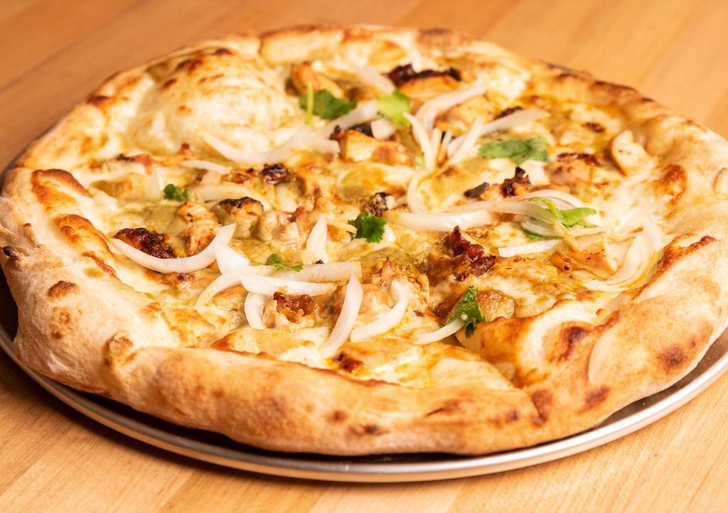Mole verde pizza · Mole verde sauce, chicken, lime marinated onions and cilantro with white sauce