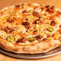 De tu Pina madre Pizza · House made beef Chroizo, pineapple, house pickled jalapenos and Cotija with tomato sauce