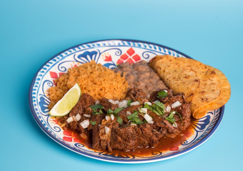 Birria plate · Halal Beef Birria with rice, beans, onions, cilantro, tortillas salsa on the side.
