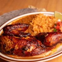 Roasted Chicken · 1/2 Roasted chicken, adobo marinated with rice, beans, pico de gallo, lime and fresh heirloo...