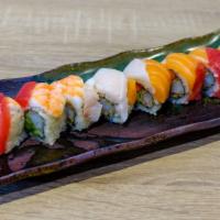 Kuma Over De Rainbow · Ebi tempura, yama gobo, asparagus, assorted sashimi.