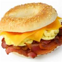 Bacon, Egg, And Cheese Bagel · Bacon, two scrambled eggs, and cheese on a bagel.