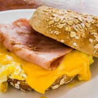 Ham, Egg, And Cheese Bagel · Ham, two scrambled eggs, and cheese on a bagel.