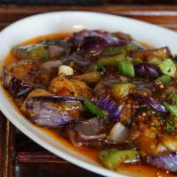 Chili Bean Eggplant · Vegan. Chinese eggplant, bell pepper, onion, hot bean sauce.