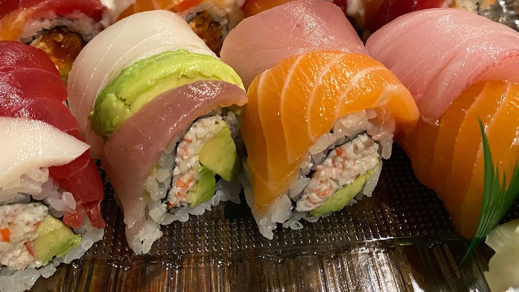 Rainbow Roll · California roll topped with avocado and assorted fish