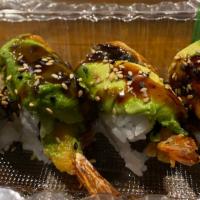 Dragon Roll · Shrimp Tempura and cucumber topped with BBQ.eel, avocado, sesame seed and eel sauce.