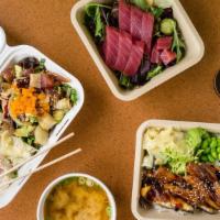 Regular Poke Bowls · Three fish (5.25 oz), choice of two bases, two sides, sauces and add ins.