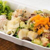 Large Poke Bowl · Four fish (7 oz), choice of two bases, two sides, sauces and add ins.