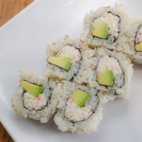 California Roll · Imitation crab (crab salad contains celery), avocado and cucumber topped with sesame seeds.