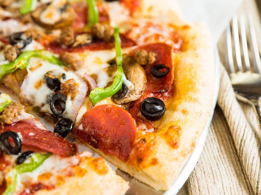 Create Your Own Pizza (Medium) · With our fresh ingredients, already topped with mozzarella cheese and our special homemade sauce on your choice of our homemade, hand-tossed dough. Thin or thick crust at no extra charge! *Counts as two toppings.