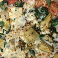Gourmet Delight · Spinach, sun dried tomatoes, artichoke hearts, feta cheese and fresh garlic on our homemade ...