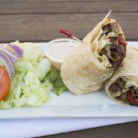 Philly Steak Wrap · Steak, sauteed bell peppers, onion, jalapenos, Swiss cheese and sriracha mayo