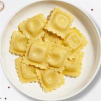 Custom Ravioli Pasta · Fresh ravioli cooked with your choice of sauce, veggies, and meats and topped with black pep...