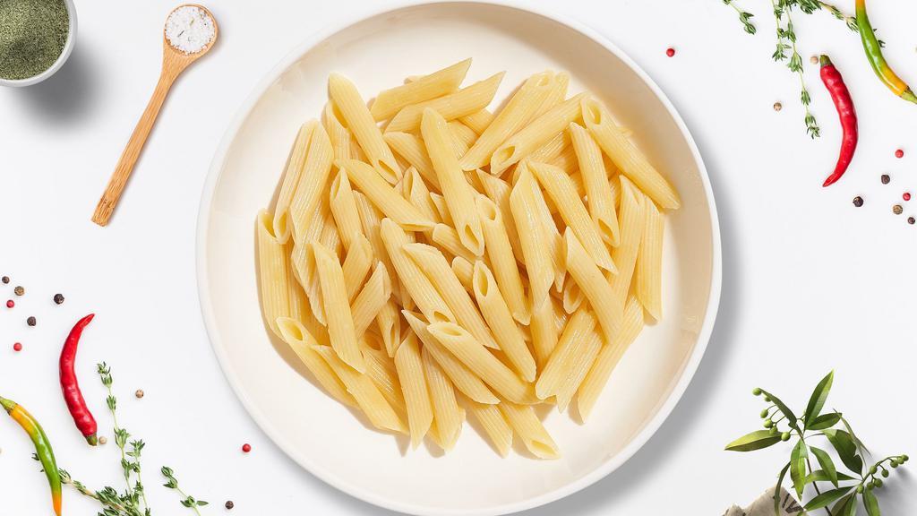 Custom Gluten-Free Penne Pasta · Fresh Gluten-Free penne pasta cooked with your choice of sauce, veggies, and meats and topped with black pepper, parsley, and parmesan.