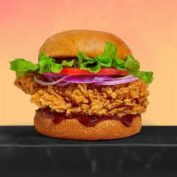BBQutie! Fried Chicken Sandwich · BBQ sauce, Applewood smoked bacon, fried chicken breasts, lettuce, tomato, red onion, on a b...