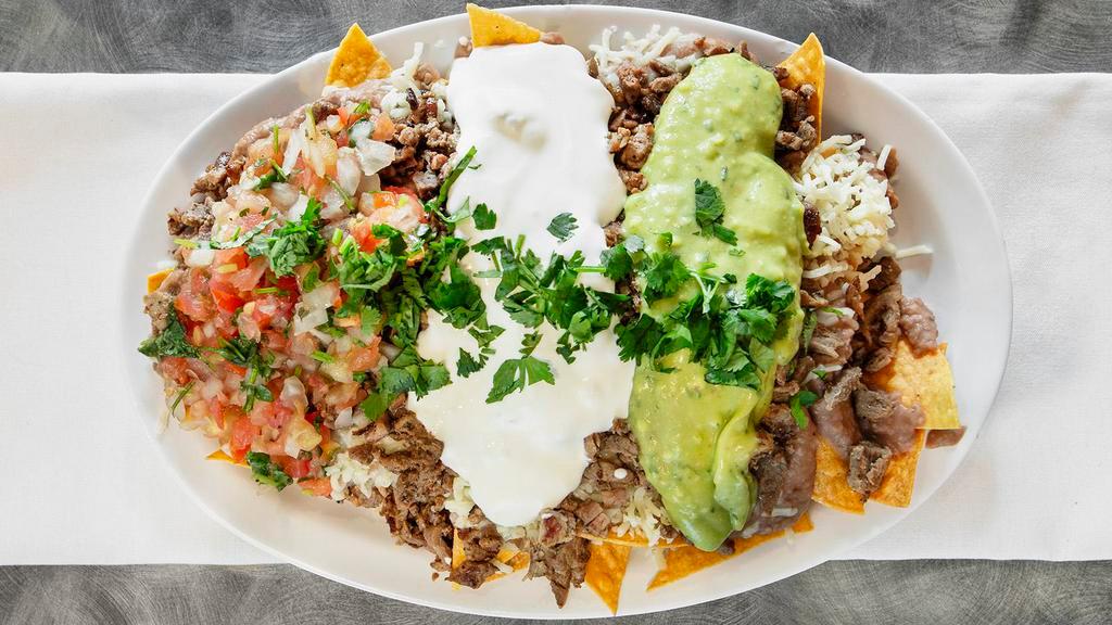 Super Nachos · Any meat, tortilla chips, beans, melted Jack cheese, sour cream, guacamole and salsa.
