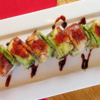 Dragon Roll · tempura prawn, cucumber tobiko, avocado, topped with bbq eel