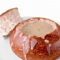 Clam Chowder Bread Bowl · White clam chowder in a sourdough bread bowl.