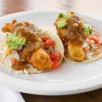 Crispy Fish Tacos (2) · Beer battered wild cod, com salsa, guacamole, picante sauce.