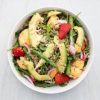Superfood Salad · Arugula, spinach, asparagus, paprika cauliflower, avocado, quinoa, pickled red onion, strawb...