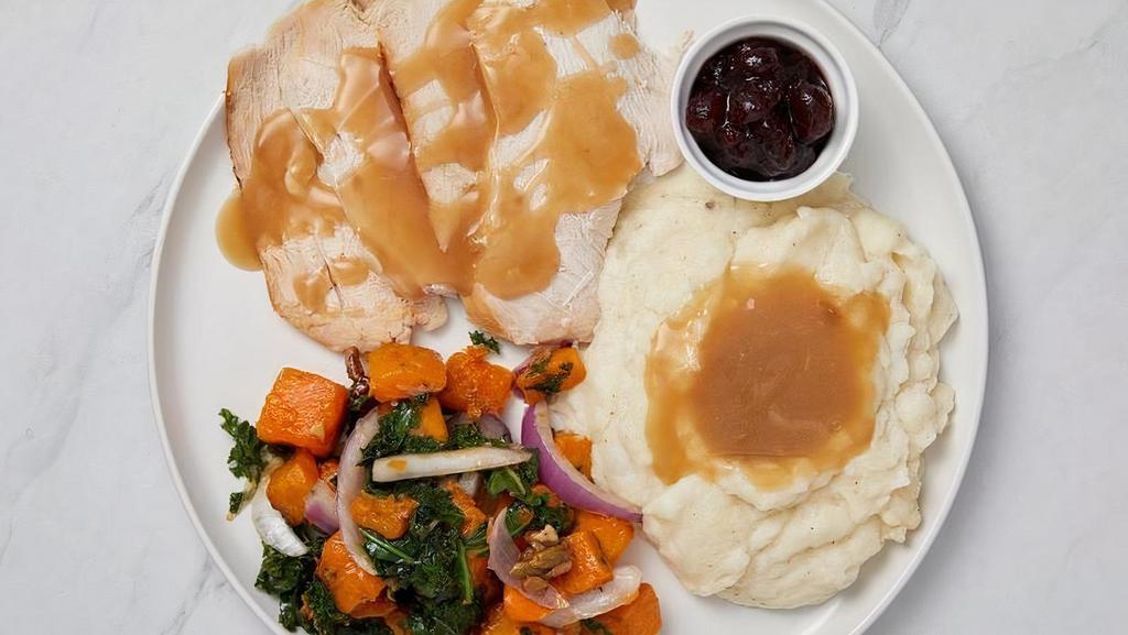 Oven Roasted Turkey Plate · Oven Roasted Turkey, 6 oz White meat with choice of (2) sides and house-made cranberry sauce.