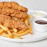 Chicken Strips And Fries · (3) Chicken Strips with regular fries, Chipotle-Mango  bbq sauce and ranch dipping sauces..