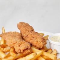 Kids Chicken Strips · (2) Chicken Strips served with regular fries and  ranch dipping sauce.